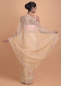 Sand Beige Saree In Organza Fabric With Floral Embroidered Border Online - Kalki Fashion