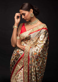 Sand Beige Saree In Silk With Ikkat Weaved Patola Pattern And Embroidery Work Online - Kalki Fashion