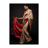 Sand Beige Saree In Silk With Ikkat Weaved Patola Pattern And Embroidery Work Online - Kalki Fashion