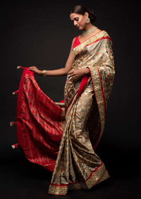 Sand Beige Saree In Silk With Ikkat Weaved Patola Pattern And Embroidery Work Online - Kalki Fashion