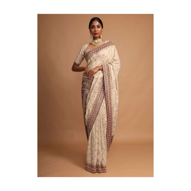 Sand Beige Saree With Grape Purple Pallu And Weaved Floral Jaal Online - Kalki Fashion