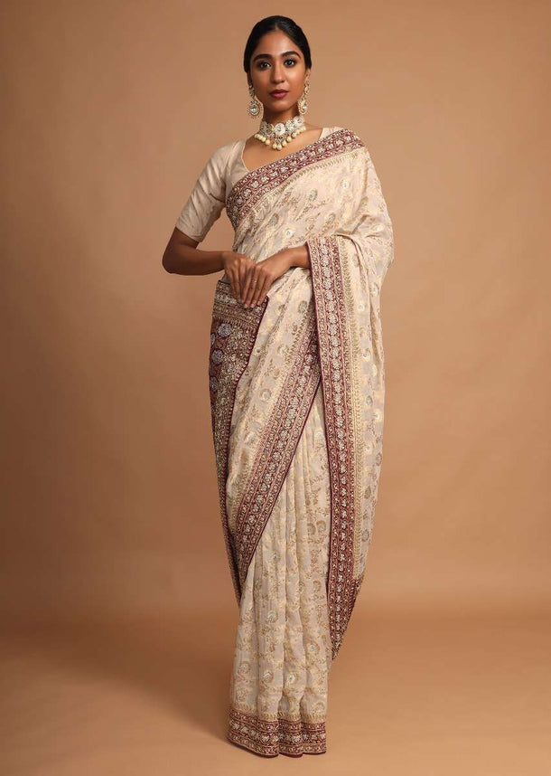 Sand Beige Saree With Grape Purple Pallu And Weaved Floral Jaal Online - Kalki Fashion