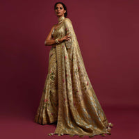 Sand Beige Banarasi Saree In Georgette With Weaved Floral Jaal All Over