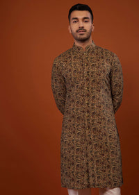 Coffee Brown Floral Embroidered Kurta Set In Suede Velvet