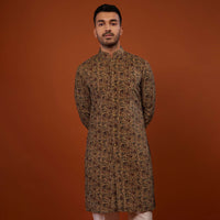 Coffee Brown Floral Embroidered Kurta Set In Suede Velvet