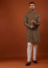 Coffee Brown Floral Embroidered Kurta Set In Suede Velvet