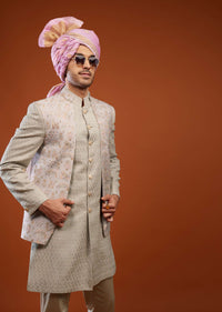 Champagne Brown Embroidered Jacket Sherwani Set