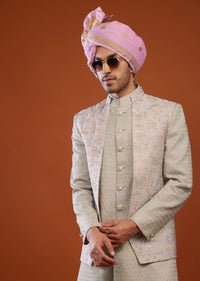 Champagne Brown Embroidered Jacket Sherwani Set