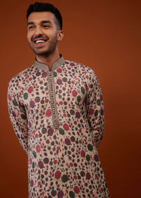 Beige White Kurta Set With Vintage Floral Print In Cotton Set
