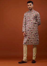 Beige White Kurta Set With Vintage Floral Print In Cotton Set