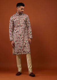 Beige White Kurta Set With Vintage Floral Print In Cotton Set