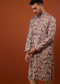 Beige White Kurta Set With Vintage Floral Print In Cotton Set
