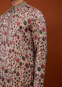 Beige White Kurta Set With Vintage Floral Print In Cotton Set