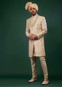 Champagne Brown Raw Silk Embroidered Sherwani Set