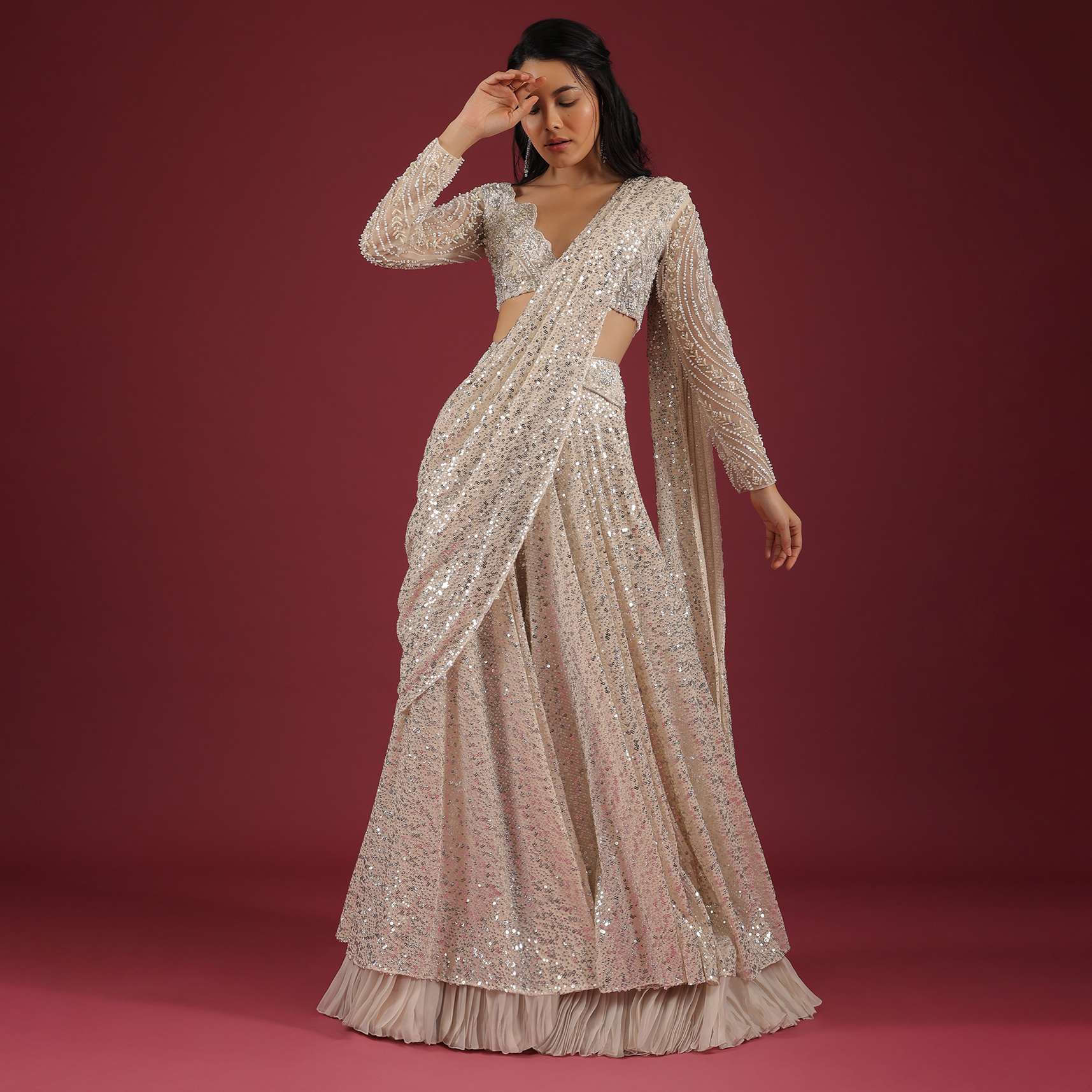 Sandshell Cream Palazzo Saree In Sequins Embroidery