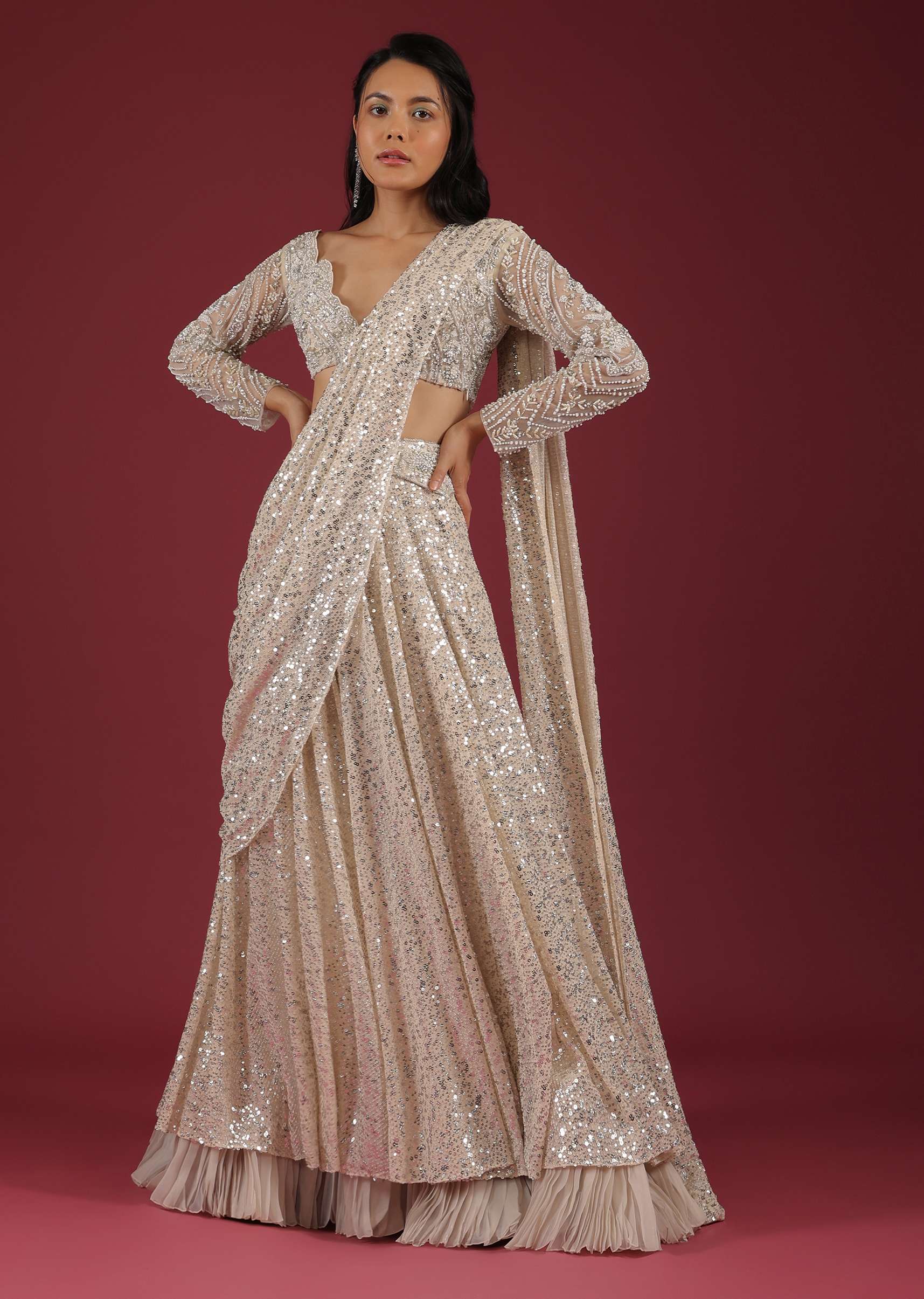 Sandshell Cream Palazzo Saree In Sequins Embroidery