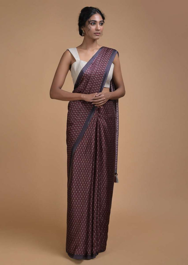 Sangria Purple Saree In Satin Blend With Printed Floral Buttis All Over Online - Kalki Fashion