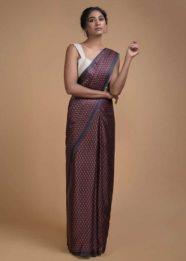 Sangria Purple Saree In Satin Blend With Printed Floral Buttis All Over Online - Kalki Fashion