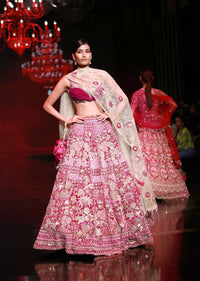 Sangria Lehenga In Velvet With Ruched Choli And Multi Colored Hand Embroidered Heritage Floral Motifs