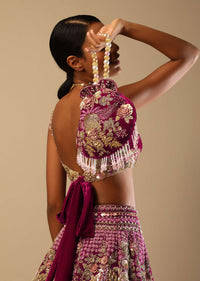 Sangria Lehenga In Velvet With Ruched Choli And Multi Colored Hand Embroidered Heritage Floral Motifs