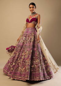Sangria Lehenga In Velvet With Ruched Choli And Multi Colored Hand Embroidered Heritage Floral Motifs