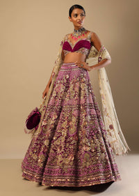 Sangria Lehenga In Velvet With Ruched Choli And Multi Colored Hand Embroidered Heritage Floral Motifs
