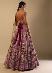 Sangria Lehenga In Velvet With Ruched Choli And Multi Colored Hand Embroidered Heritage Floral Motifs