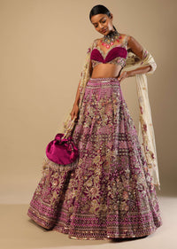 Sangria Lehenga In Velvet With Ruched Choli And Multi Colored Hand Embroidered Heritage Floral Motifs
