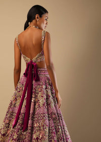 Sangria Lehenga In Velvet With Ruched Choli And Multi Colored Hand Embroidered Heritage Floral Motifs