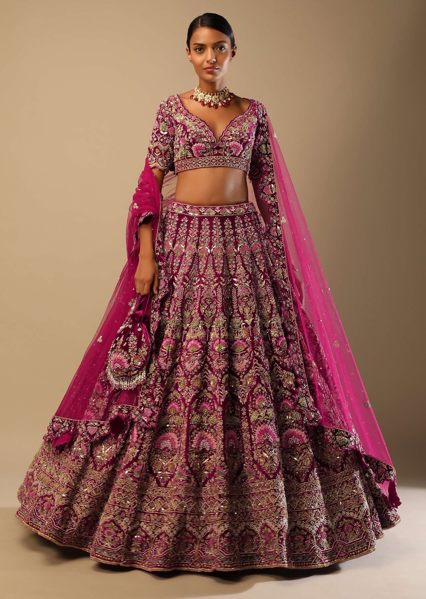 Sangria Velvet Lehenga Choli With Mughal Inspired Hand Embroidered Kalis Using Multi Colored Accents