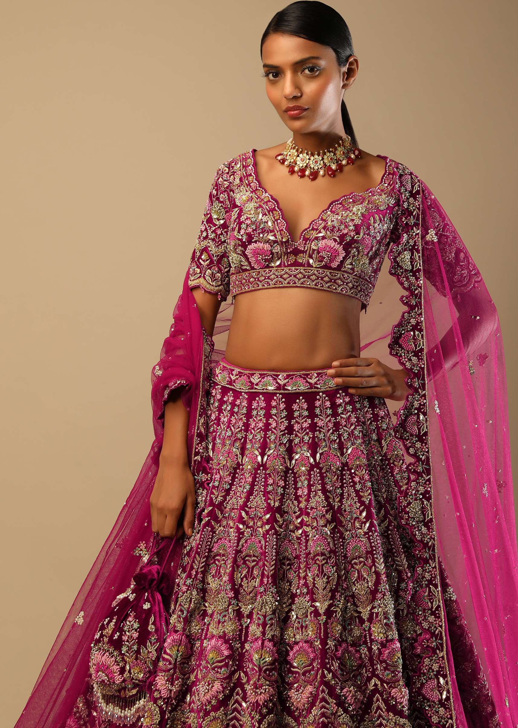 Sangria Velvet Lehenga Choli With Mughal Inspired Hand Embroidered Kalis Using Multi Colored Accents