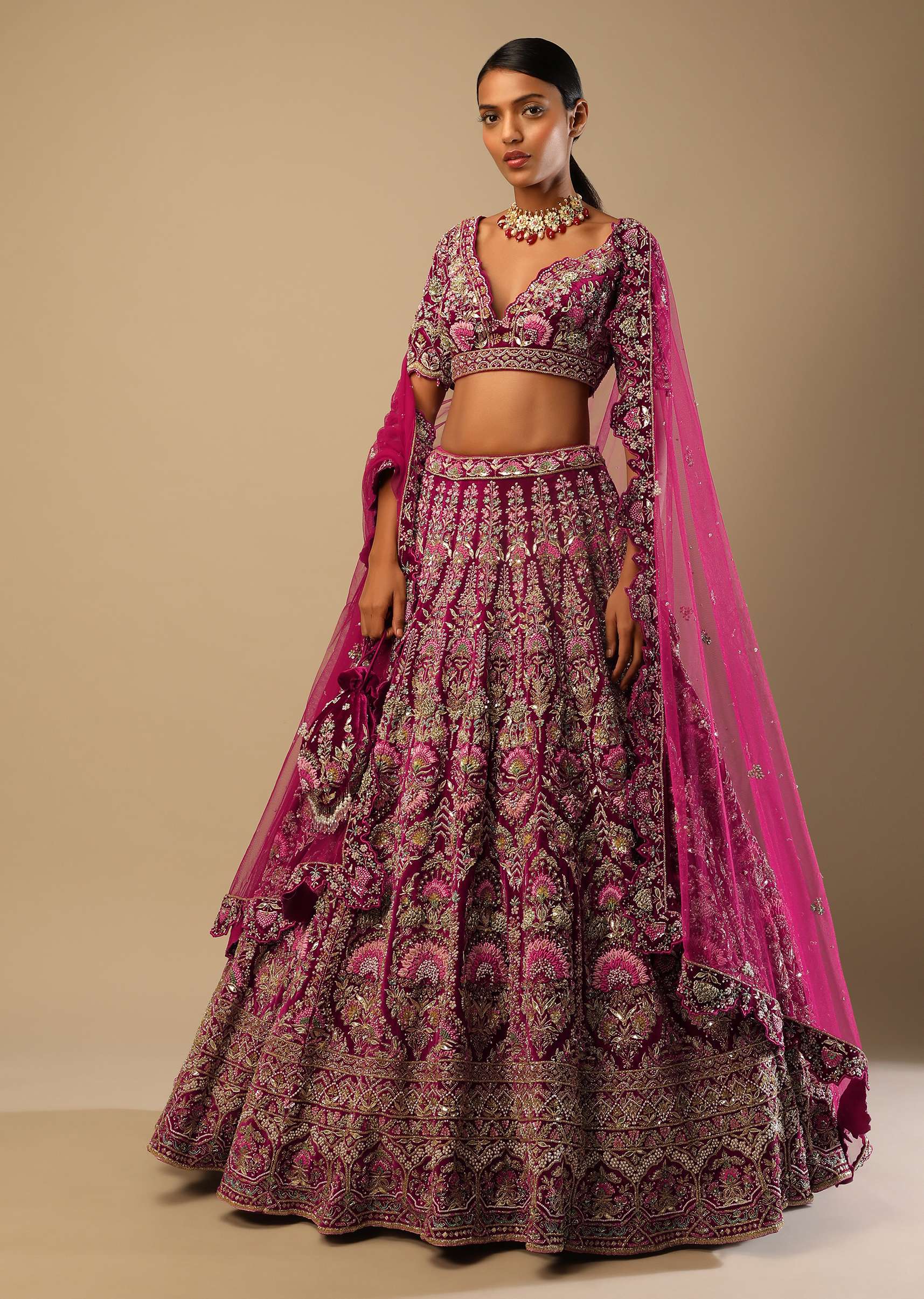 Sangria Velvet Lehenga Choli With Mughal Inspired Hand Embroidered Kalis Using Multi Colored Accents