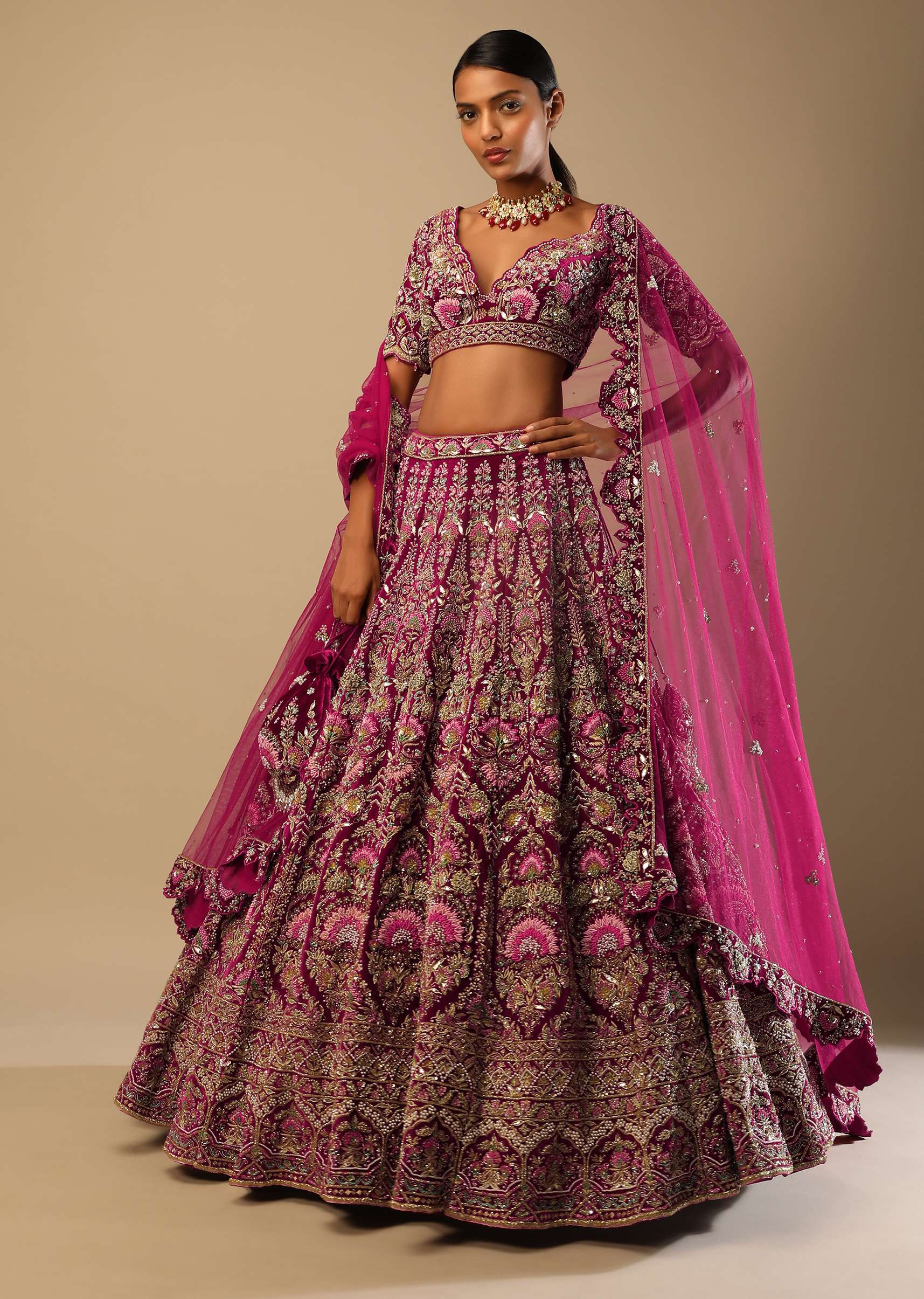 Sangria Velvet Lehenga Choli With Mughal Inspired Hand Embroidered Kalis Using Multi Colored Accents