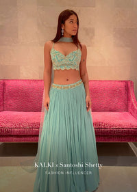 Sea Green Skirt And Crop Top Set With Shaded Green Bead Work And Attached Drape On The Back