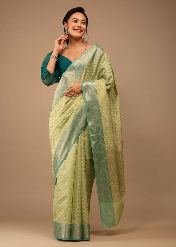 Mint Green Saree In Banarsi Chanderi And Pure Handloom Cotton