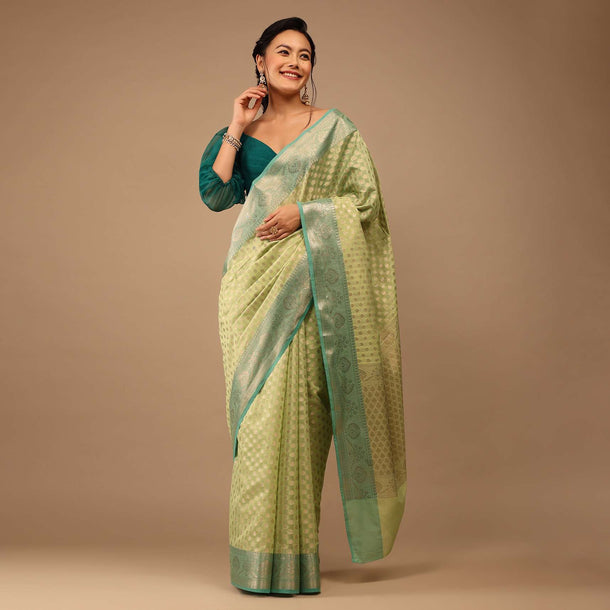 Mint Green Saree In Banarsi Chanderi And Pure Handloom Cotton