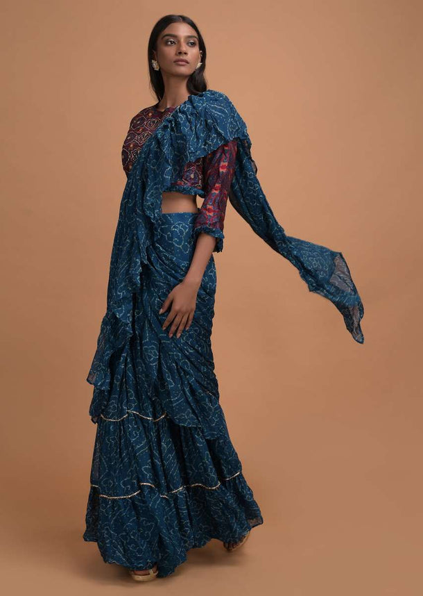 Sapphire Blue Ready Pleated Ruffle Saree In Georgette With Bandhani Print All Over Online - Kalki Fashion