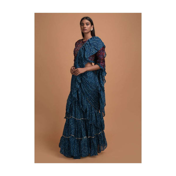 Sapphire Blue Ready Pleated Ruffle Saree In Georgette With Bandhani Print All Over Online - Kalki Fashion