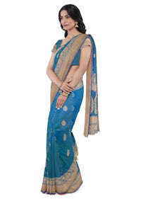 Sapphire blue two toned banarasi silk saree with matching blouse piece only on Kalki