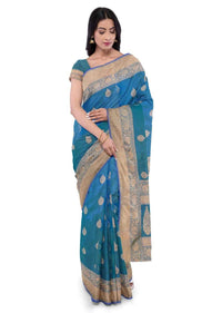 Sapphire blue two toned banarasi silk saree with matching blouse piece only on Kalki