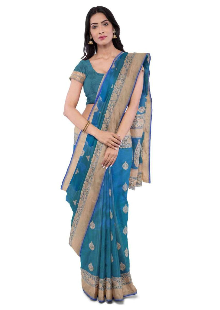 Sapphire blue two toned banarasi silk saree with matching blouse piece only on Kalki