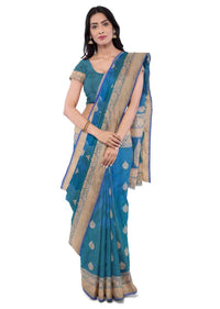 Sapphire blue two toned banarasi silk saree with matching blouse piece only on Kalki