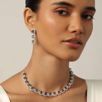 Sapphire Blue Necklace With Zirconia Stones And Tiered Danglers