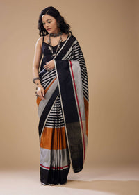 Satin Stripe Print Saree In Black Silver Grey And Fire Orange