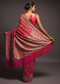 Scarlet Red And Magenta Ombre Banarasi Saree In Georgette With Weaved Floral Jaal And Stone Work Online - Kalki Fashion