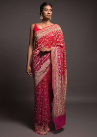 Scarlet Red And Magenta Ombre Banarasi Saree In Georgette With Weaved Floral Jaal And Stone Work Online - Kalki Fashion