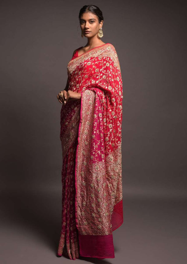 Scarlet Red And Magenta Ombre Banarasi Saree In Georgette With Weaved Floral Jaal And Stone Work Online - Kalki Fashion