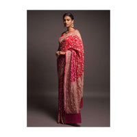 Scarlet Red And Magenta Ombre Banarasi Saree In Georgette With Weaved Floral Jaal And Stone Work Online - Kalki Fashion