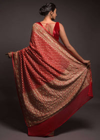 Scarlet Red Banarasi Saree In Georgette With Weaved Buttis And Stone Work