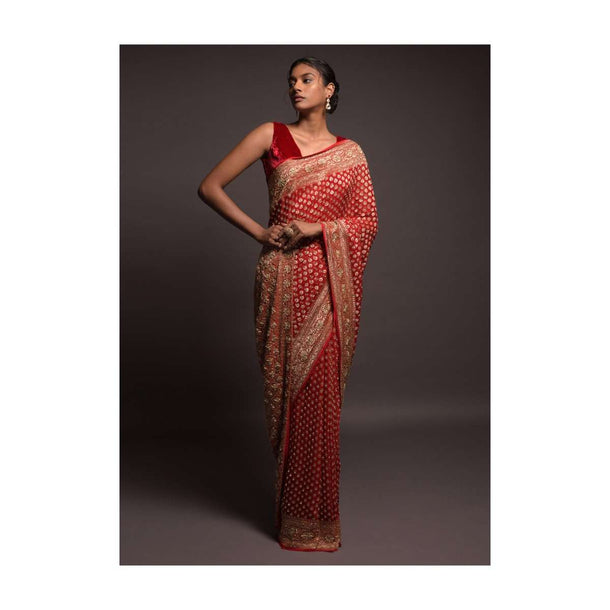 Scarlet Red Banarasi Saree In Georgette With Weaved Buttis And Stone Work